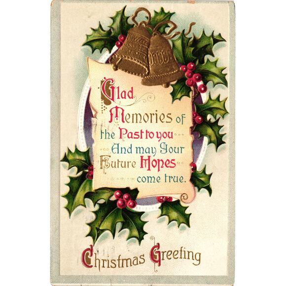 Glad Memories Christmas Postcard Embossed 1910 Gold Bells Holly Vintage USA - Picture 1 of 2